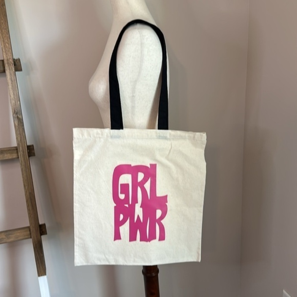 Sarnico Designs Cream Tote Bag with Pink Vinyl GRL PWR Print New